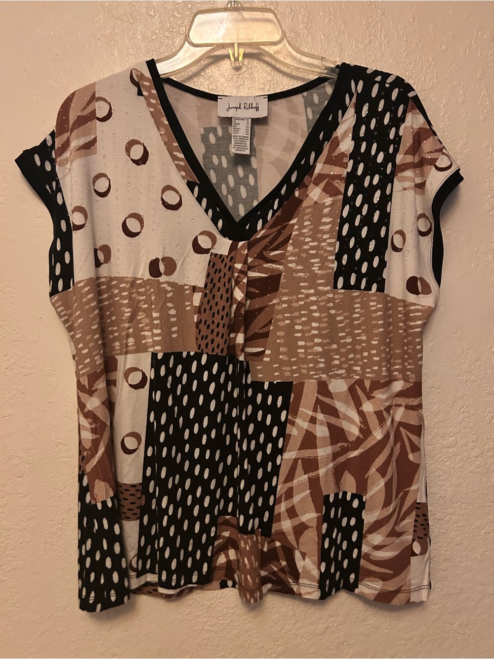 Joseph Ribkoff Black, Brown & White Abstract Patchwork V-Neck Tunic